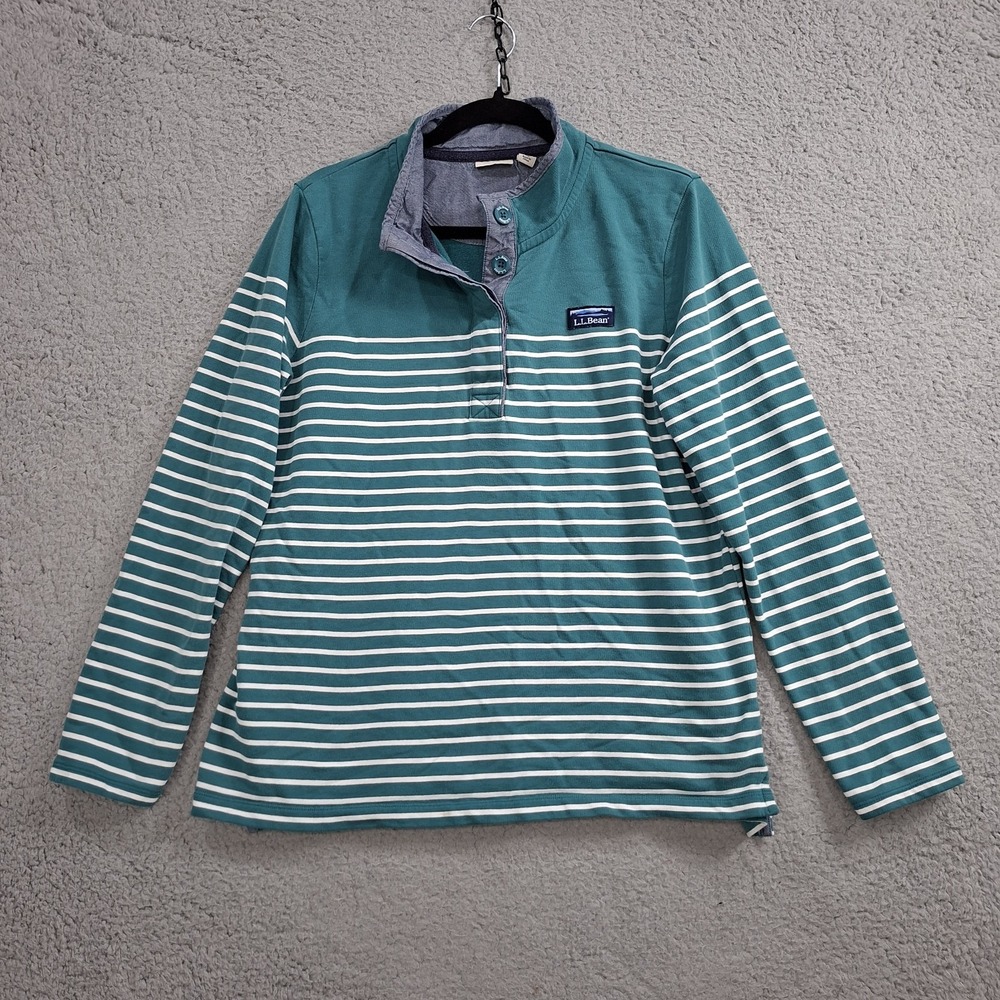 LL Bean Womens L Reg Teal Green Stripe Rugby Shirt Pullover Long Sleeve 501241